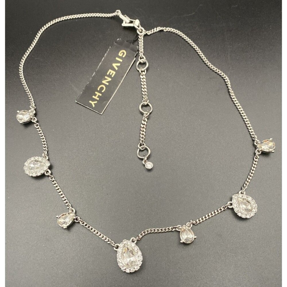 Signed Givenchy Necklace Rhinestone Pear Shape Crystal Silver Tone 15" + 3" NWT - Picture 2 of 9